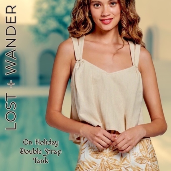 LOST + WANDER On Holiday Linen Blend Flowy Wide Straps Crop Top NWT/Lg - Picture 1 of 14